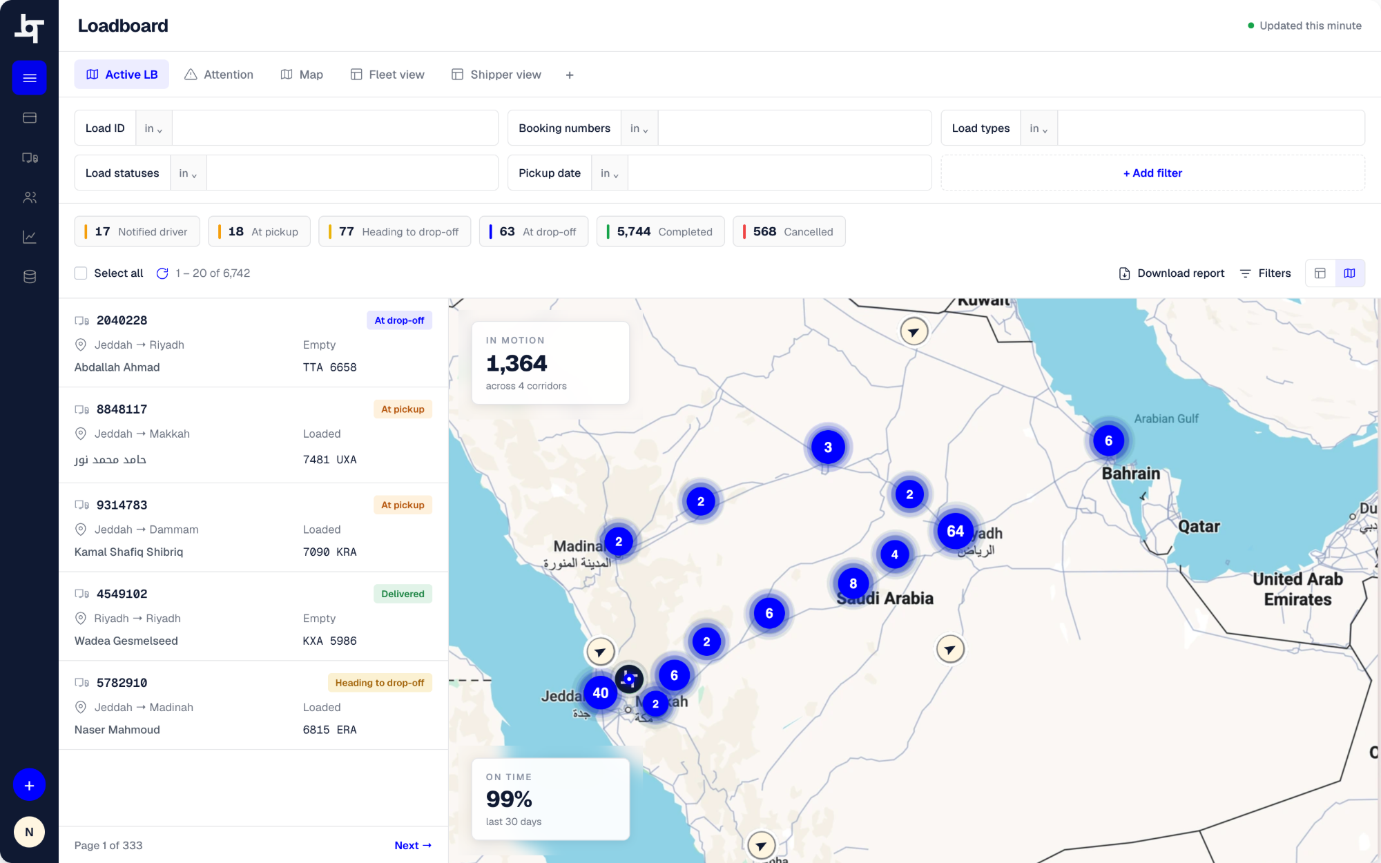 Bosla loadboard — live shipment tracking and dispatching across Saudi Arabia
